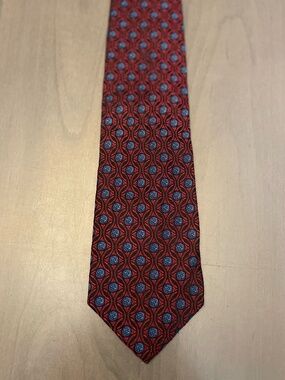 Classic Vintage Faberge Silk Tie - Geometric Red & Blue Pattern; Handmade in USA